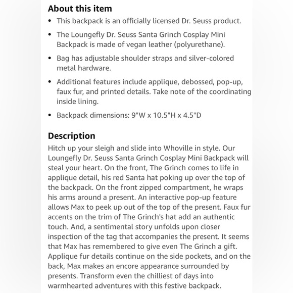 DR. SEUSS’ HOW THE GRINCH STOLE CHRISTMAS MINI BACKPACK- LOUNGEFLY 2023 - Picture 5 of 6